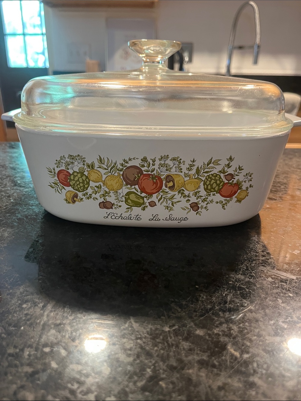 Vintage corringware Casserole with Multicolor Vegetable Pattern w Glass Lid